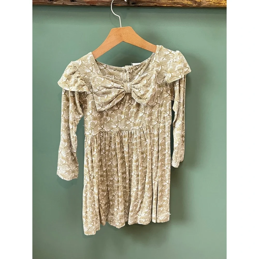 Kate‎ Quinn Kids Tan Pinecone Bamboo Viscose Ruffle Bow Dress 5Y Long Sleeve